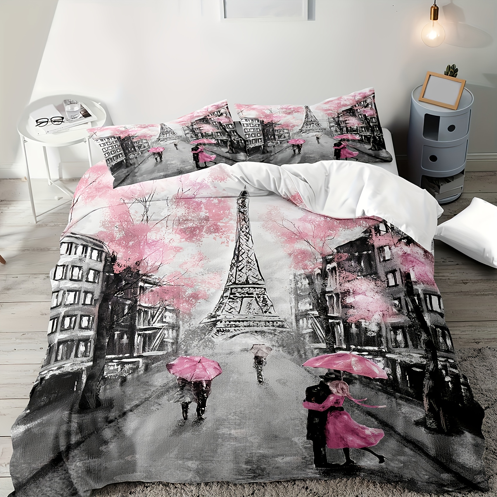 TEMU Modern Minimalist Pink Romantic Bedding Featuring A Design Of Strolling In Paris , With A Washable Polyester Duvet Cover Soft And Comfortable,