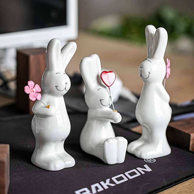 Image of 3pcs White Rabbit Figurines, Creative Ceramic Home Decor, Bedroom Entrance Living Room Tv Cabinet Bar Cabinet Ornaments