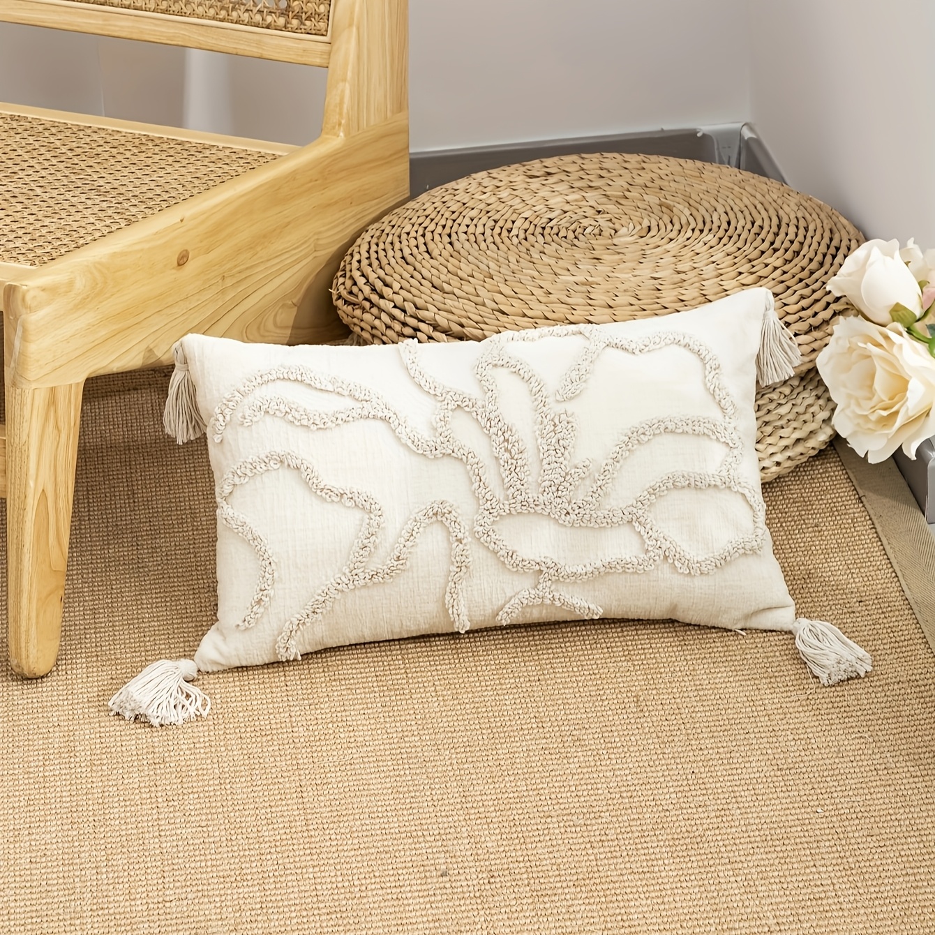 Image of 1 Bohemian Style Striped Pattern Velvet Square Tassel Craft Pillowcase 45*45cm Or 50*30cm Suitable For Bedroom Living Room Sofa Cushion Cover With Water Wave White