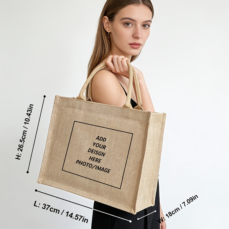 TEMU Jute Tote Bag - Large Capacity Custom Photo/text/ Suitable For Outdoor Picnic, Party, Travel Bag, Durable Hand Washable Jute Bag With Shoulder
