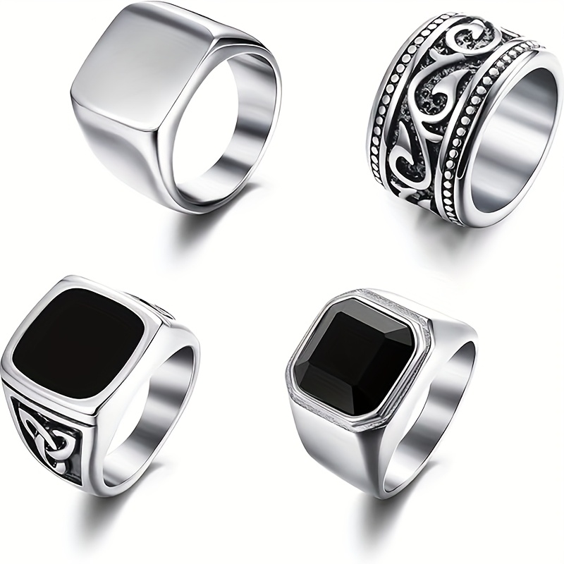4pcs 304l Stainless Steel Rings For Men Vintage Biker Signet Ring Solid Polished Rings Set Size