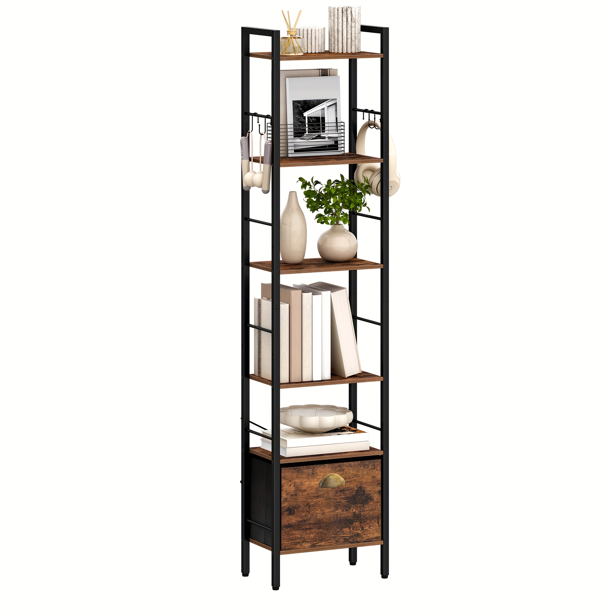 Bookshelf, 6-tier Vertical Bookcase With 1 Drawer, Open Shelf, Industrial Style, Metal Frame, Suitable For Study, Living Room, Bedroom, Kitchen, Brown