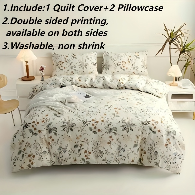 3pcs Floral Plant Print Duvet Cover Set 1 Duvet Cover + 2 Pillowcases), Reactive Printing And Dyeing, Machine Washable, Anti-shrinkage, Non-fading, Bedding, Suitable For Bedroom