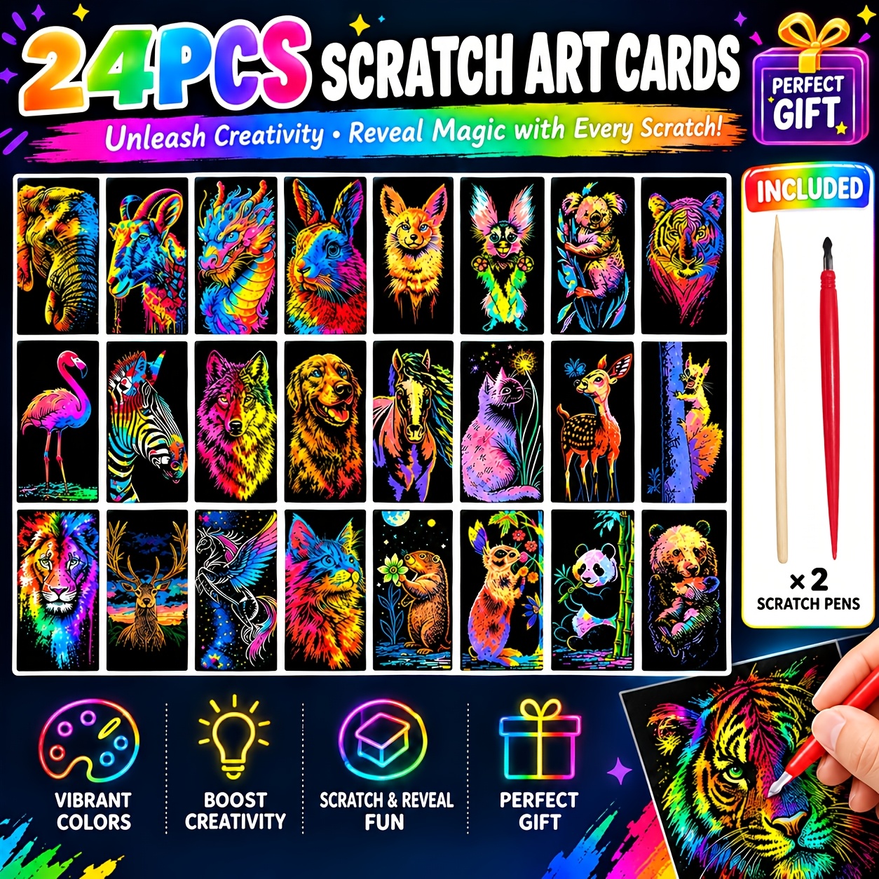 TEMU Ensemble de 26 pièces (24 cartes Animal + 1 stylo à gratter rouge de qualité supérieure + 1 stylo à gratter en bambou) Cadeau créatif ,