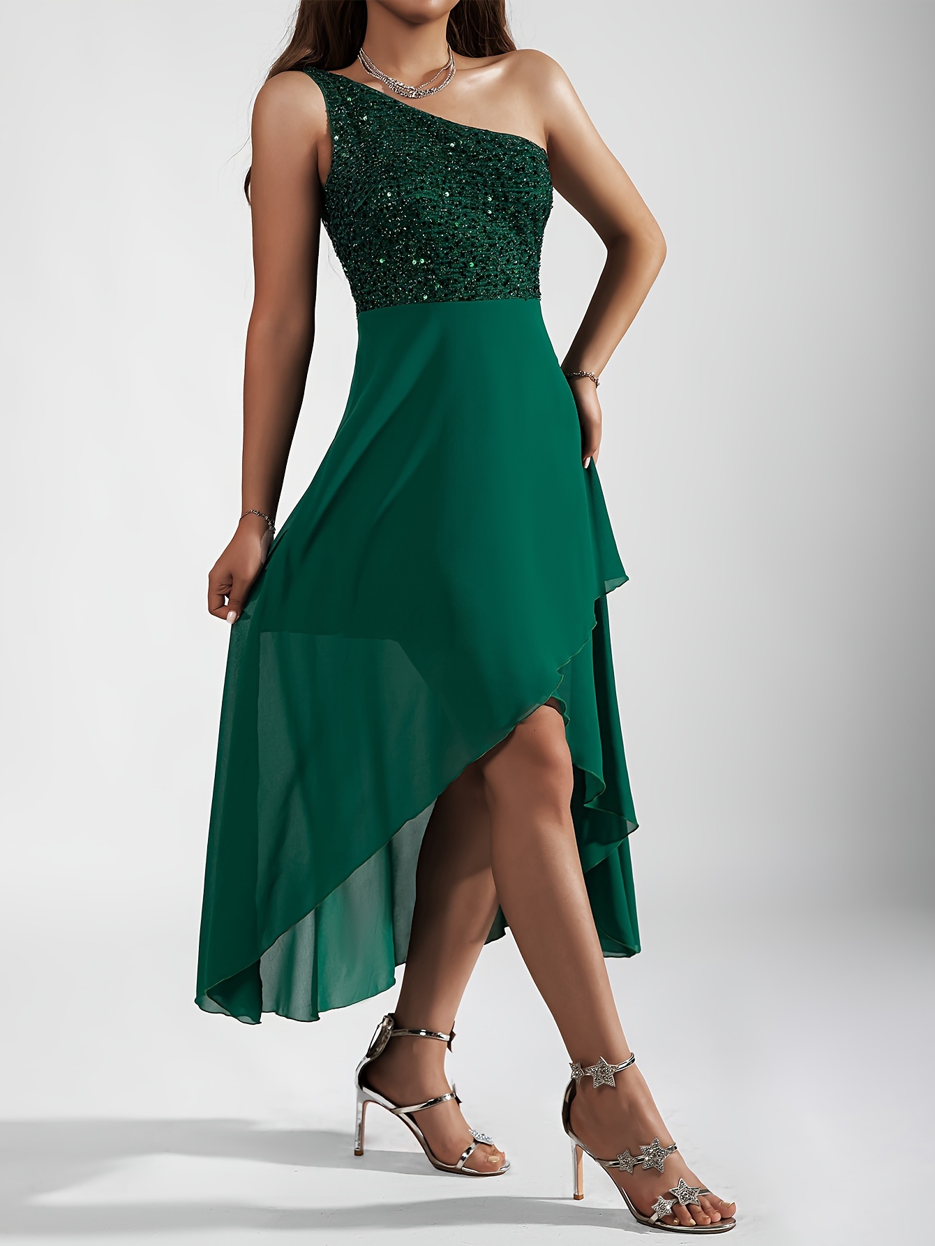 sequin one shoulder tulip dress elegant sleeveless dress for party banquet womens clothing