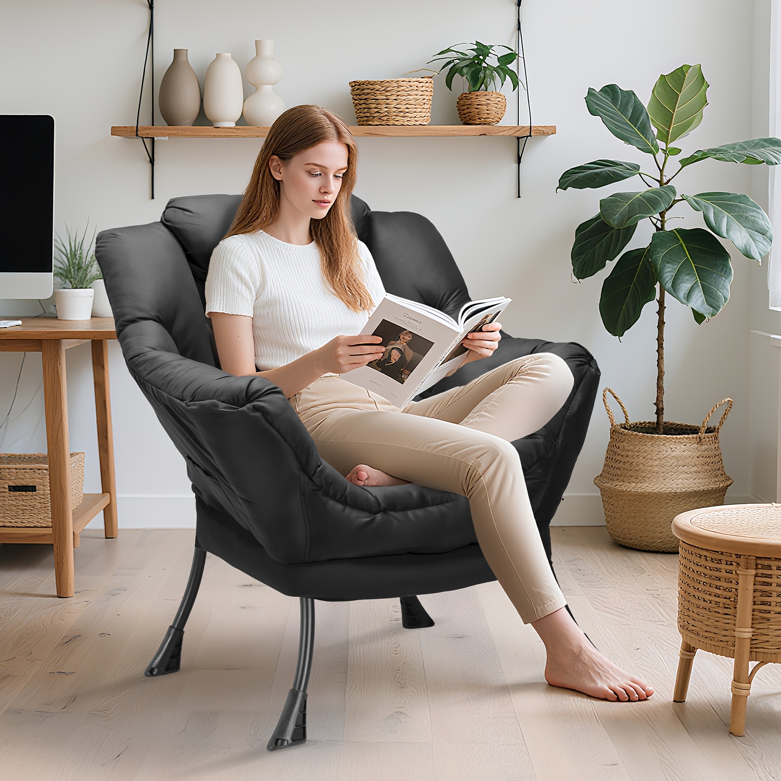 Lazy Chair, Modern Comfy Lounge Accent Chair, Large Sofa Armchair With A Side Pocket, Leisure Reading Chair For Bedroom, Living Room, Dorm, Black