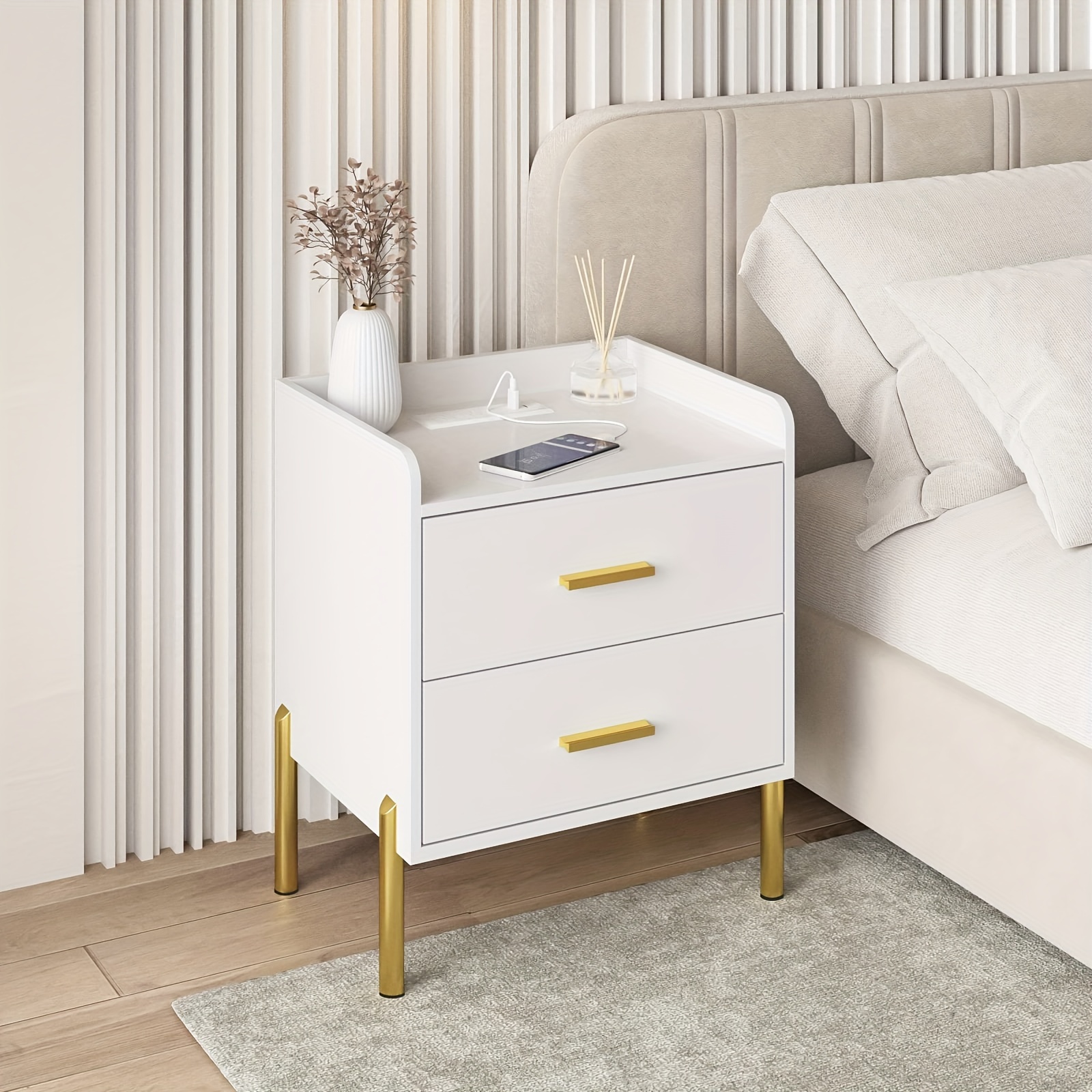 

Drawer White Bedside Table Suitable For Bedrooms, Medieval Modern Coffee Table With Charging Station, Farmhouse Storage, Bedside Table Side Table With Usb Port And Living Room Socket