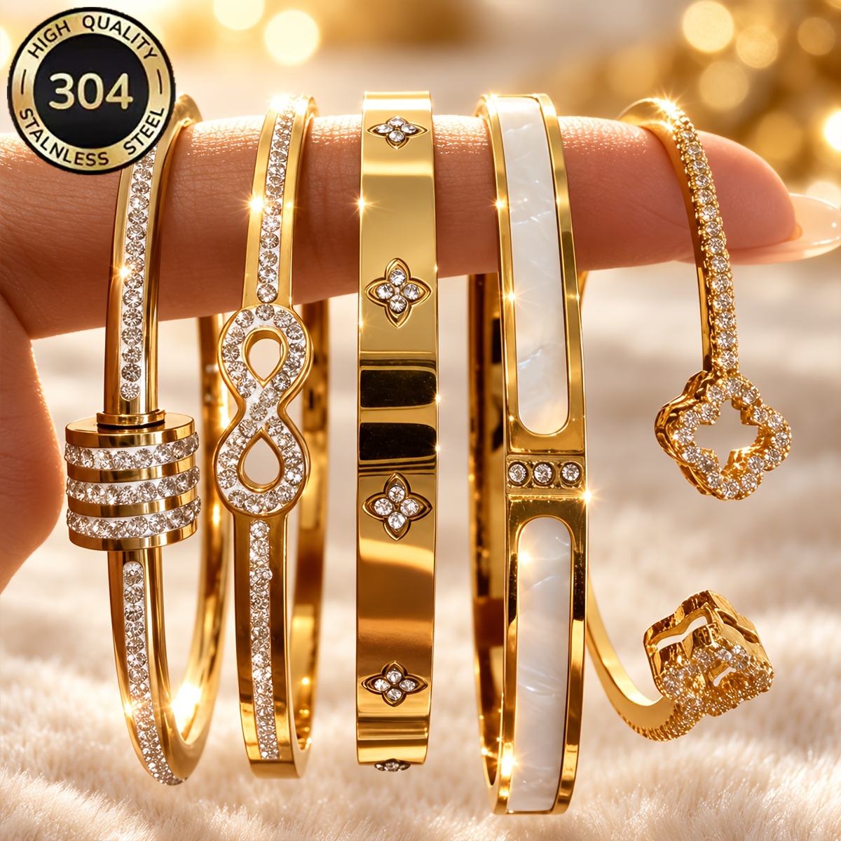 TEMU 304 Stainless Steel Golden Women's Bracelet Set, 5pcs Hypoallergenic Bangle Set, Infinity Symbol Flower White , Anti-tarnish Waterproof Fashion