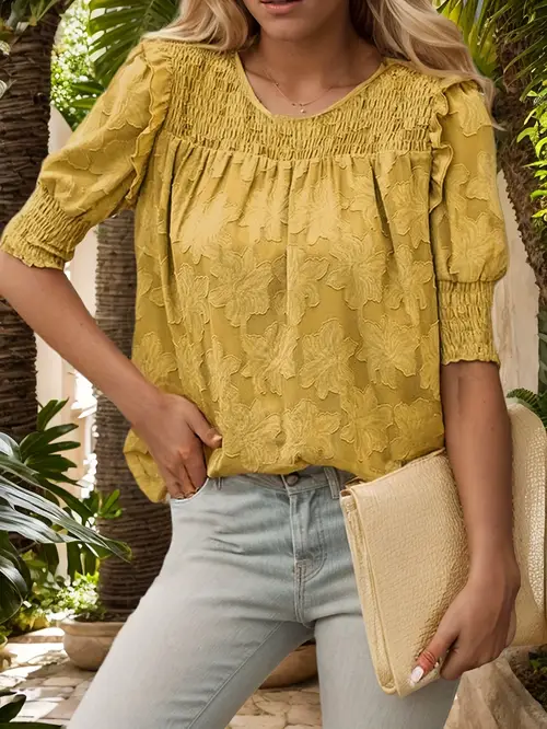 womens casual crew neck blouse polyester solid color woven shirt with pleated ruffle jacquard detail and short sleeves for