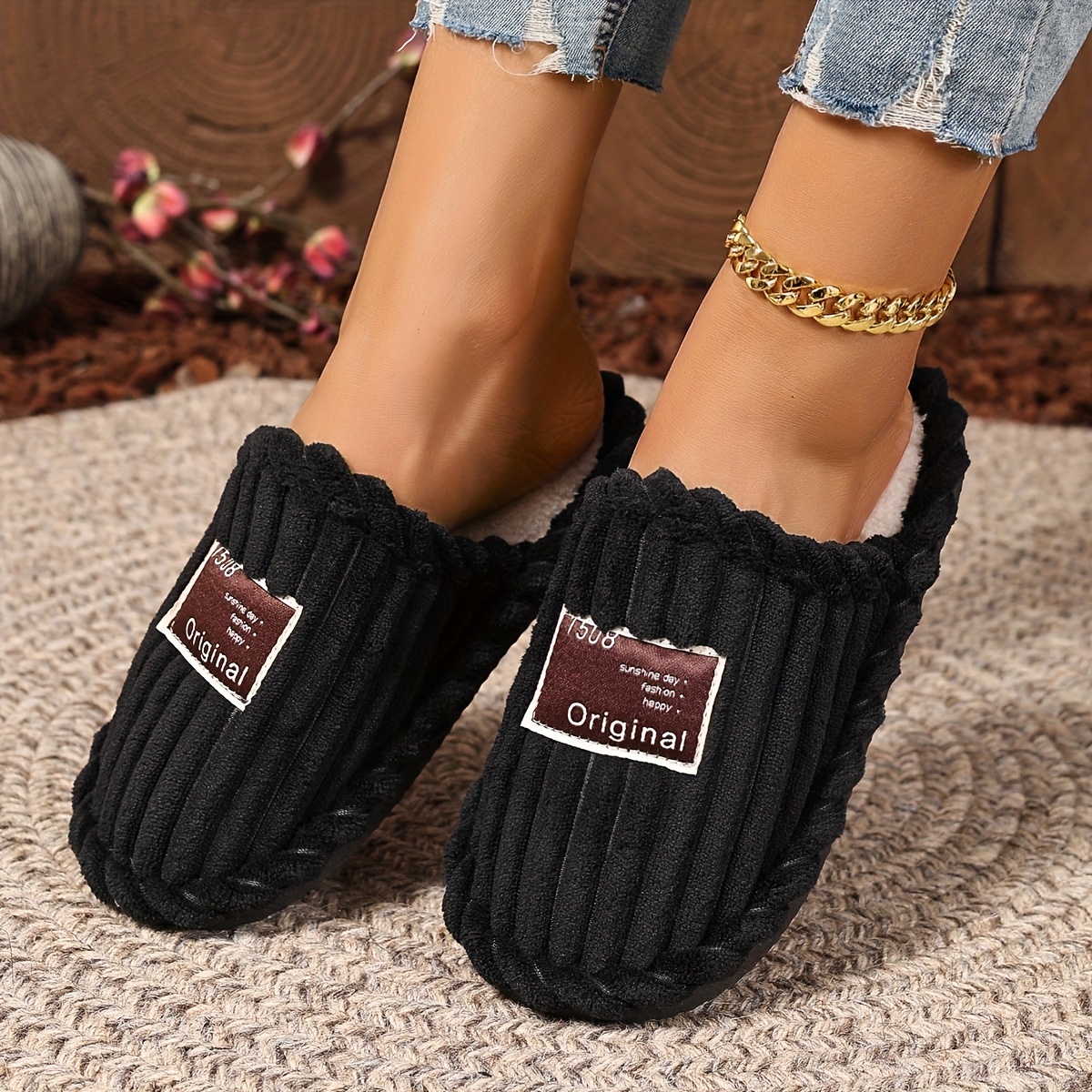 TEMU Women's Corduroy Closed Toe House Slippers Fleece Lined Non-slip Soft Sole Indoor Comfortable Winter Shoes , Women Shoes