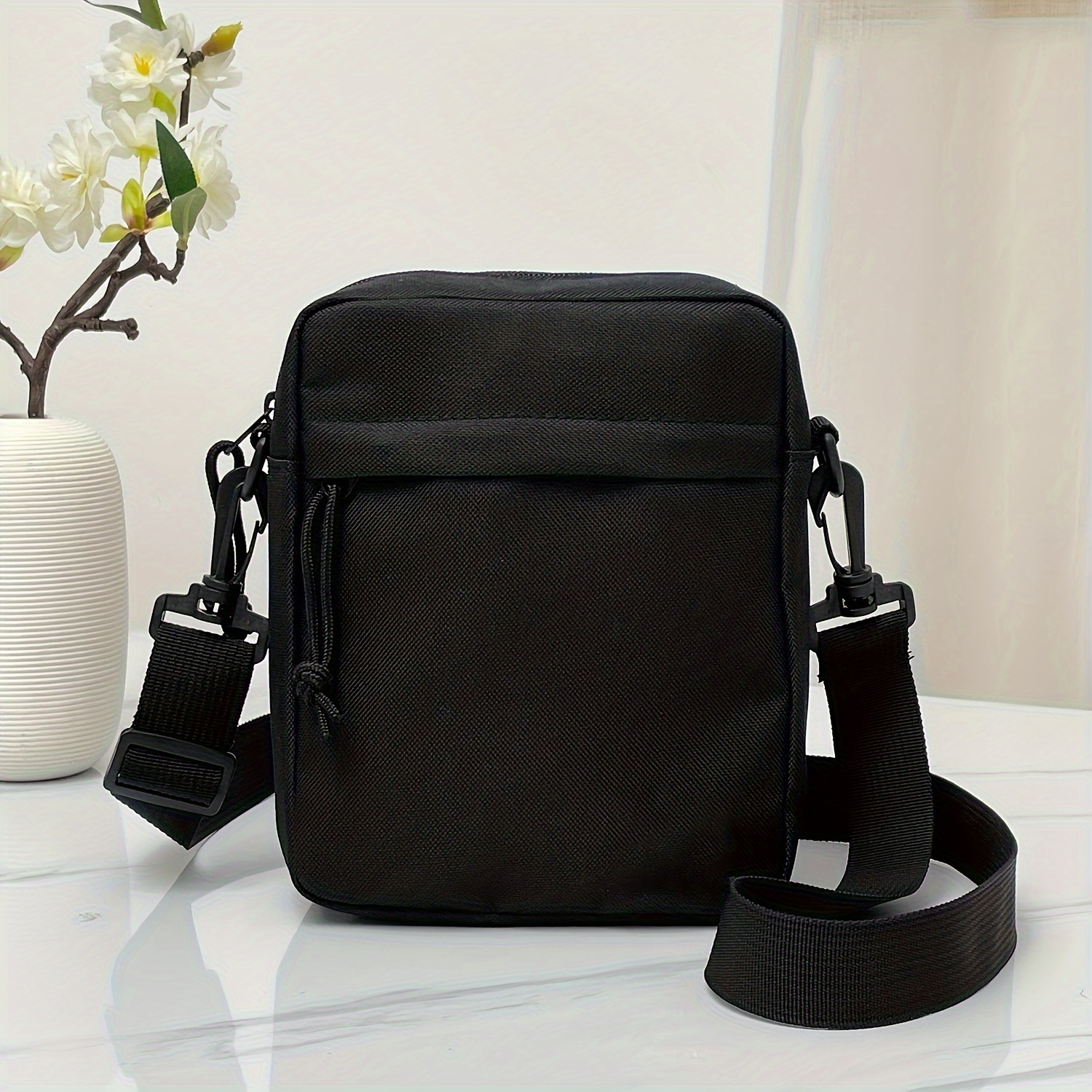 TEMU 1pc Stylish Men's All Black Trendy Square Sling Bag, Durable, Fashionable Crossbody Bag With Detachable Shoulder Strap, Perfect For Casual Everyday Use