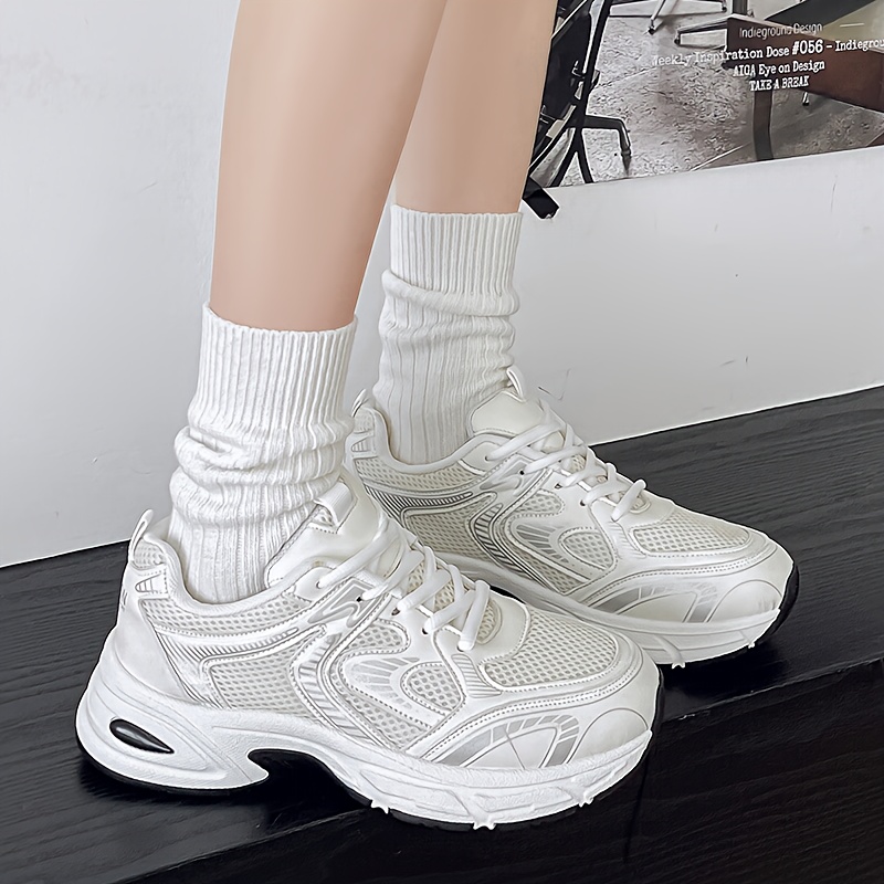 TEMU รองเท้าผู้หญิงสไตล์ Chunky Sneakers - พื้นโปร่งอากาศ & มีแถบความยั