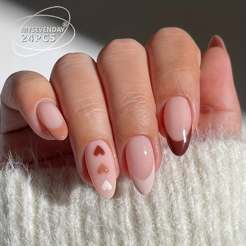 TEMU Short Press On Nails 24pcs Almond Fake Nails, Brown Heart French Tip Glossy Women's False Nails, Daily- Reusable