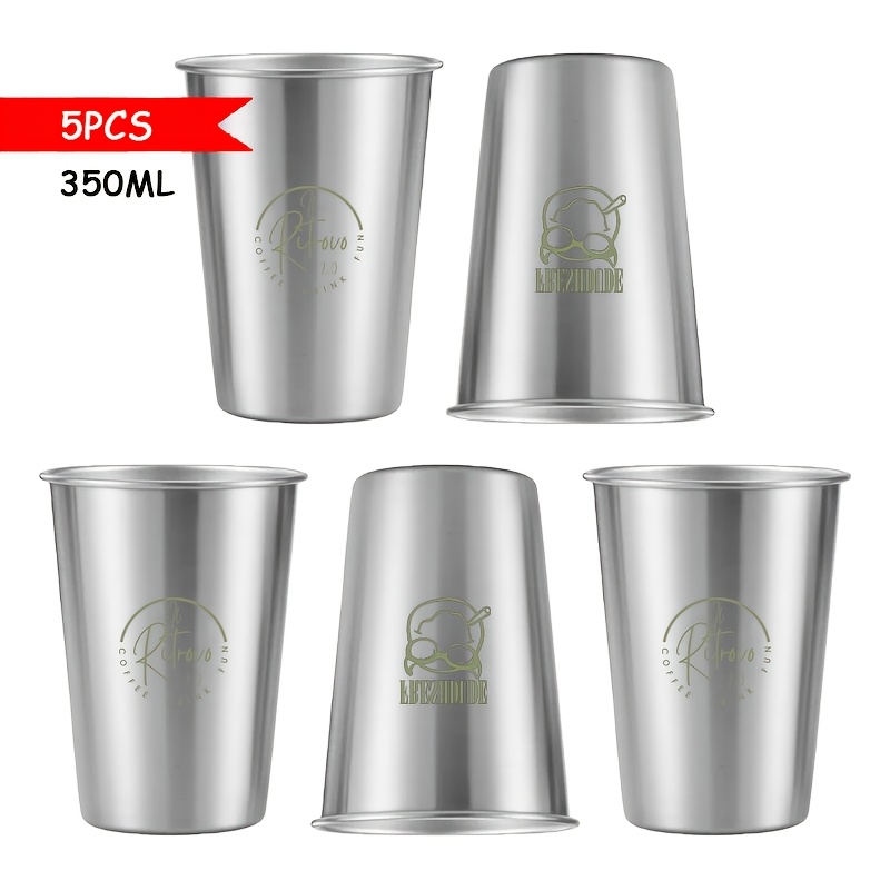 TEMU 5pcs Personalized 304 Stainless Steel Cups, Engraved Logo, 350ml Foldable Durable Beer Mug, Suitable For