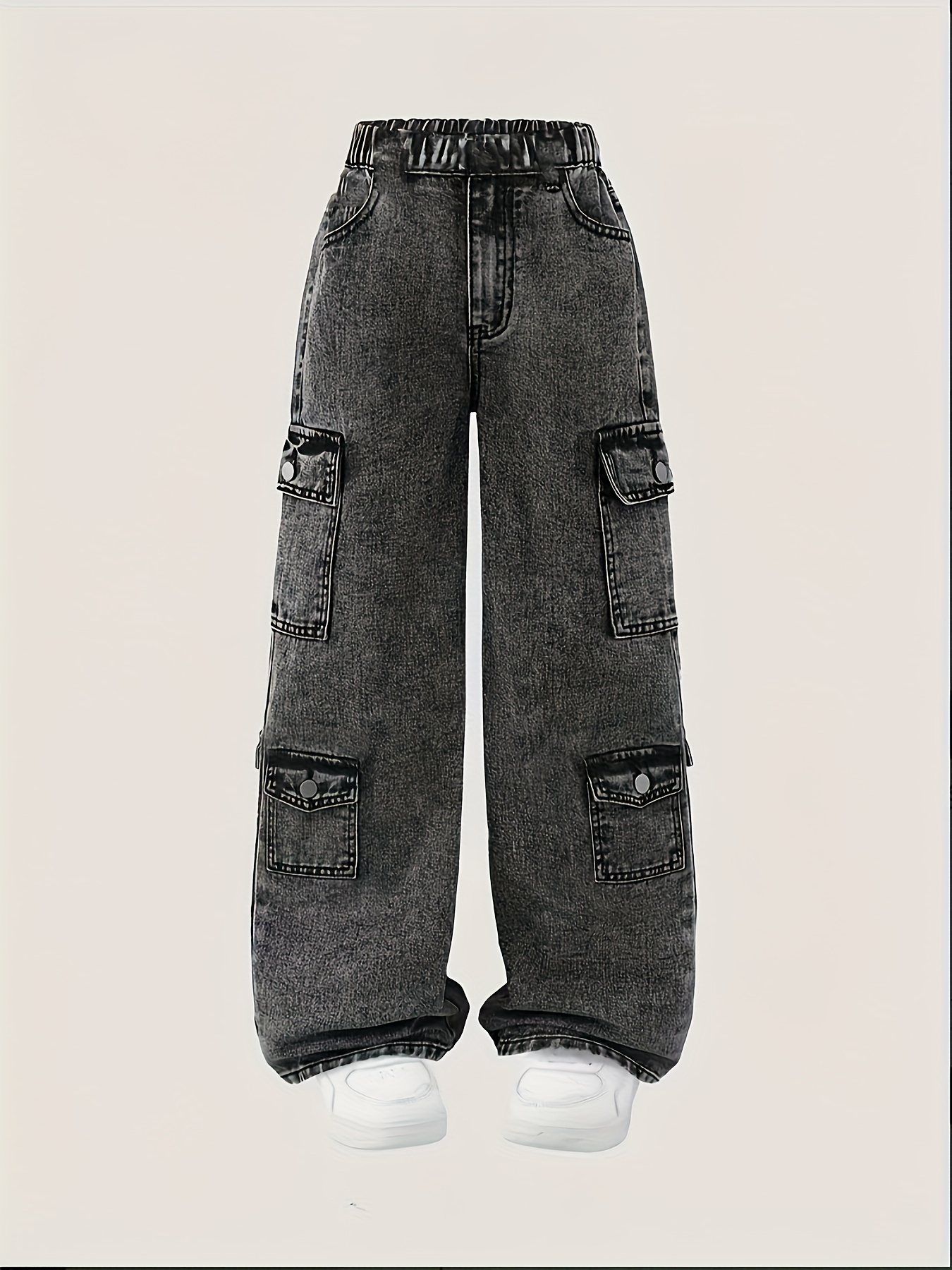 2025 Black And Gray Distressed Urban Multi-Pocket Jeans for Boys, Trendy Style Relaxed Fit Casual Trousers, Versatile Fashionable Pants for Every Season, Ideal for Outdoor Activities, Must-Have Apparel for Returning to School