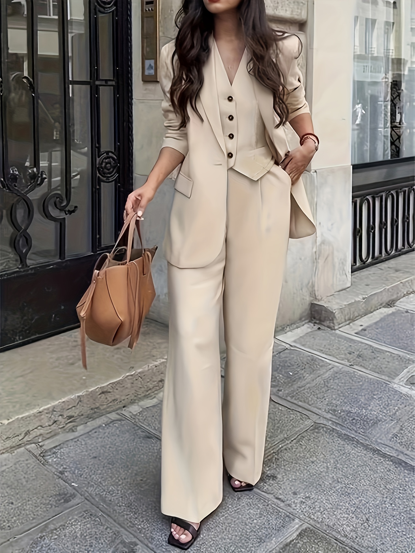 casual three piece dress for women New Four-Season Women's Casual Elegant Pocket Button Wide-Leg Elastic Waist  Three-Piece Set, Machine Washable, Mature, Fashion Commuter Outfit