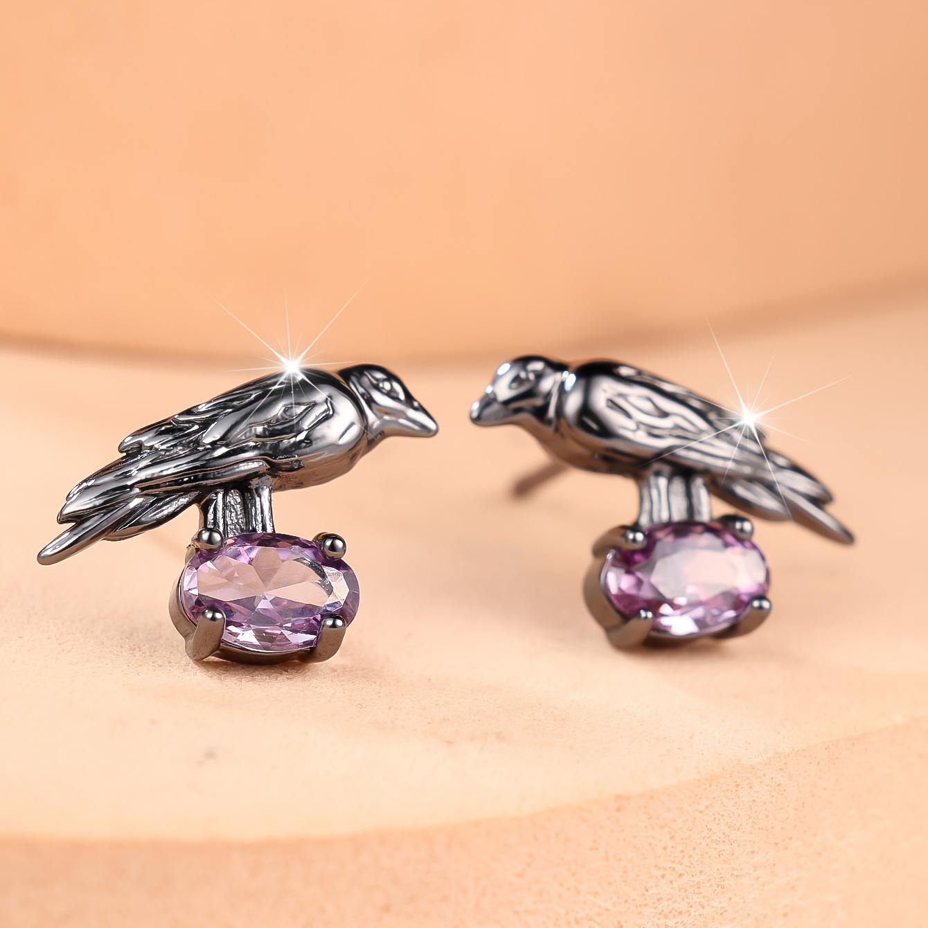 Women's Gothic Pave Amethyst Cubic Zirconia Crow Earrings, Statement Jewelry