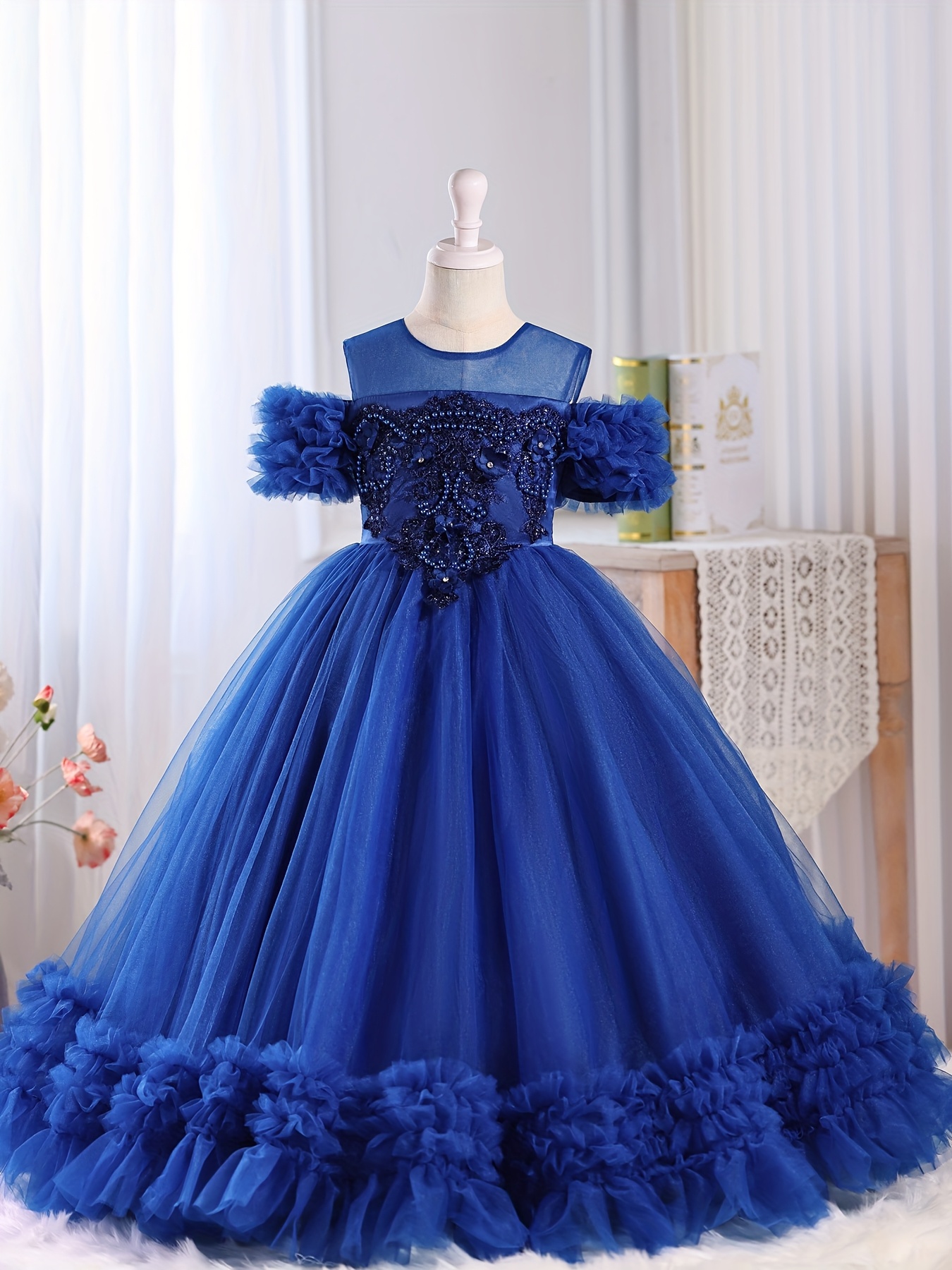 girls long mesh shoulder dress elegant princess - Temu