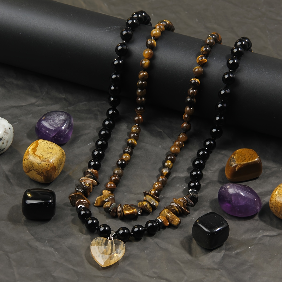 Women's Layered Long Necklace with Natural Stone Heart Pendant