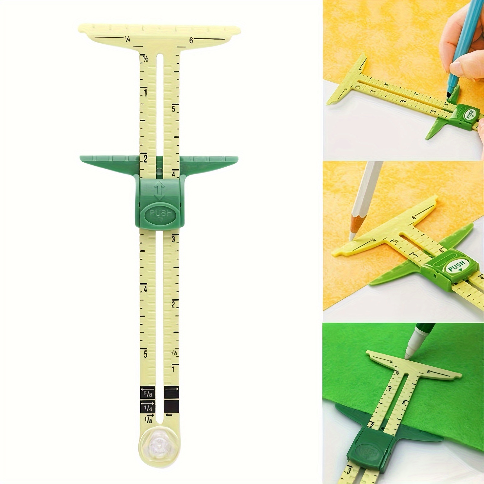 

Sewing Ruler Set For Beginners - T-shaped, Hem Guide, Seam Measurement, Grommet Spacer & Compass - Plastic, Colors, Stitching Colors White Green