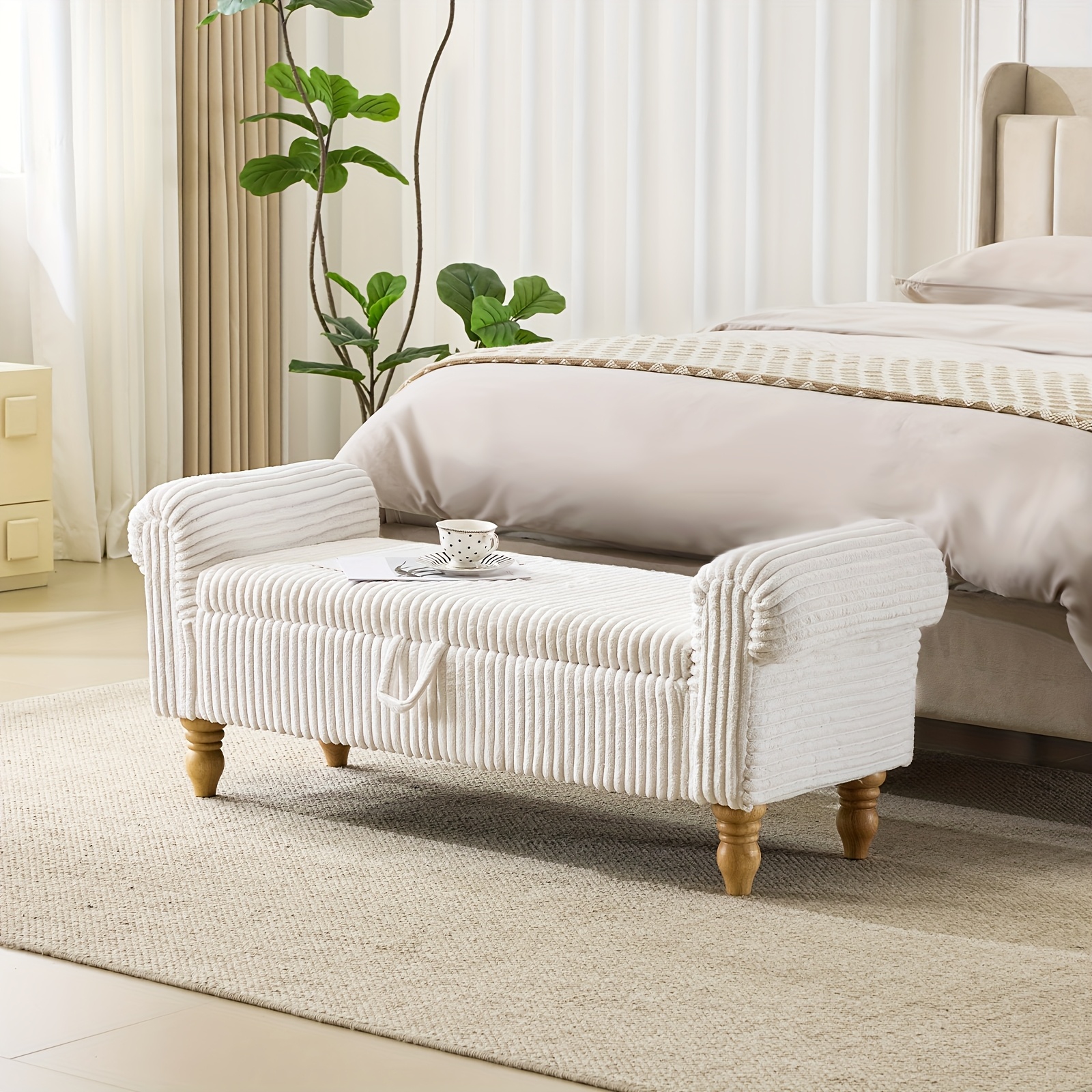 ATOMHAUS Upholstered Storage Bench for Bedroom End Of Bed Rolled Armed Corduroy Linen Fabric Ottoman Couch Long Bench Window Sitting Fireplace Toy Storage Bench Living Room Furniture