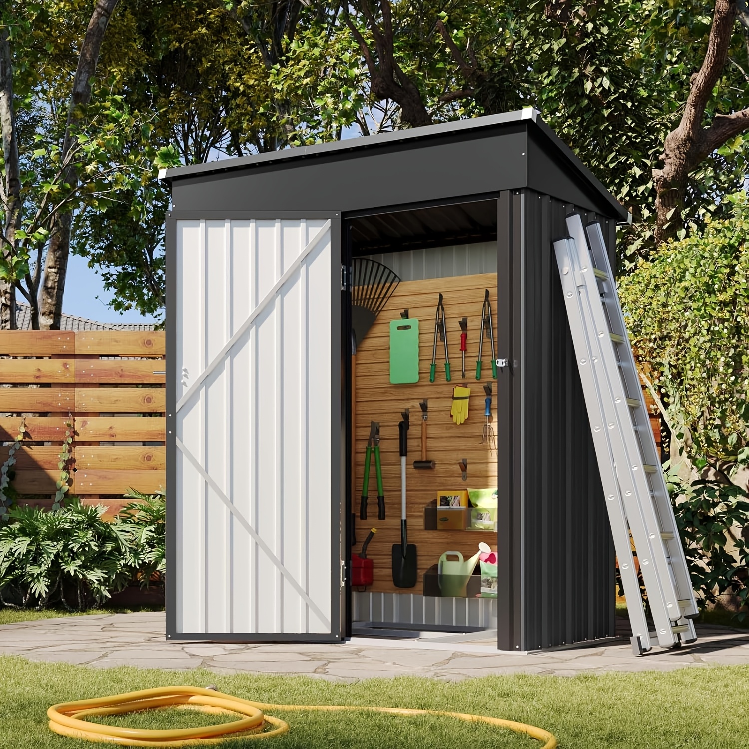 Image of 5.2 Feet X 3.2 Feet (overall Size) Metal Garden Shed, With Galvanized Sturdy Reinforced Roof, Suitable For Backyards And Patios, Black, Temporary, Removable