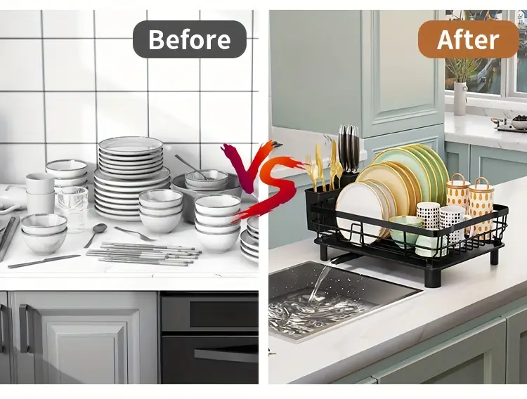 dish drying rack single layer dish drain rack large dish rack with dish drainer with utensil holder for sink convenient for storing plates bowls cups knives and spoons Product details 3