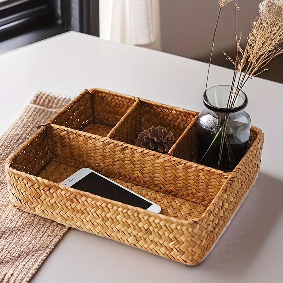 

1pc Decorative Wicker Storage Box With Open Window View, Artistic Design, Multi-compartment Organizer For Home Office Desk