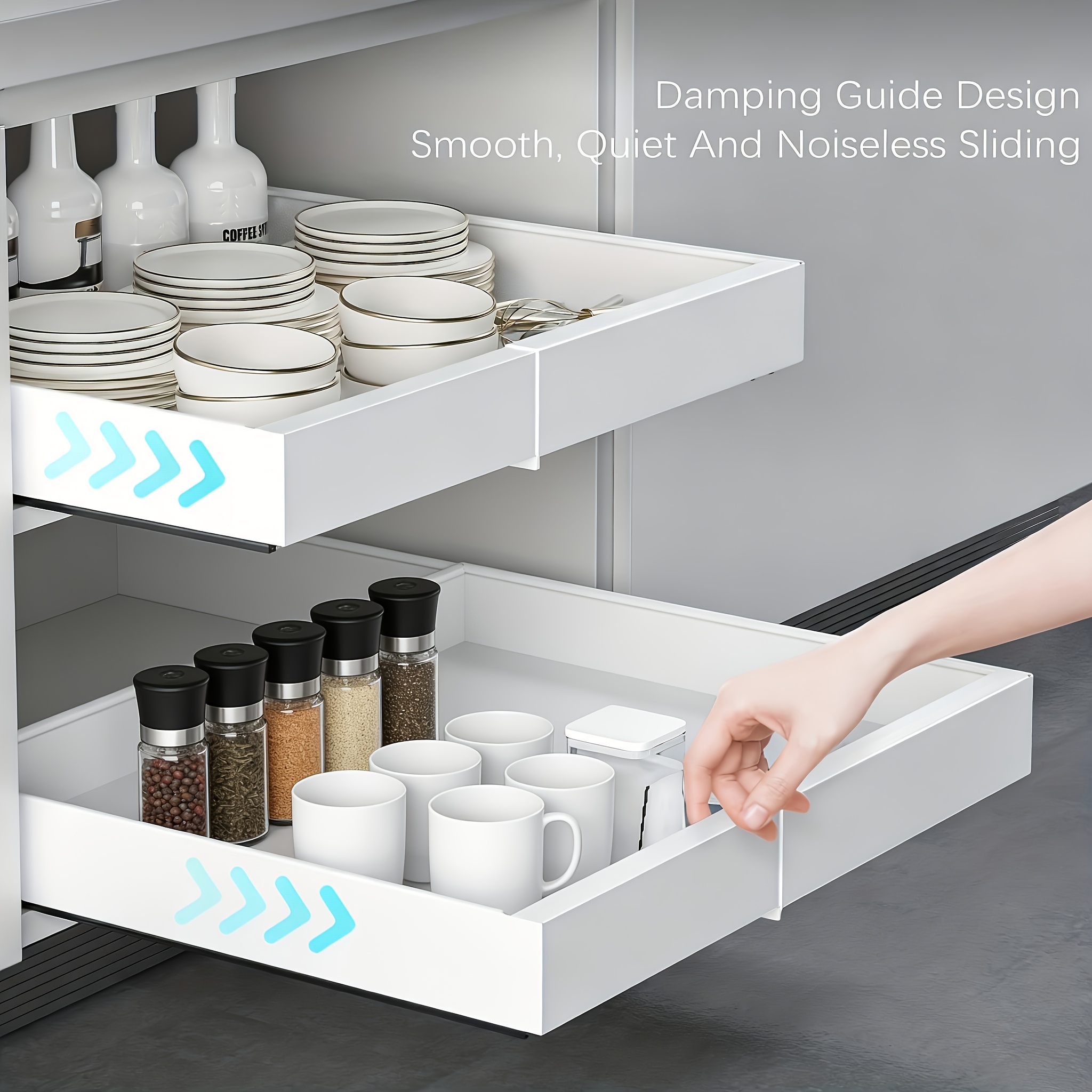 TEMU 4drawers Expandable Slide Out Drawer, No Drill Pull Out Cabinet Organizer With Adhesive, 4pcs Heavy Duty Roll Out Shelves, Expandable Width For