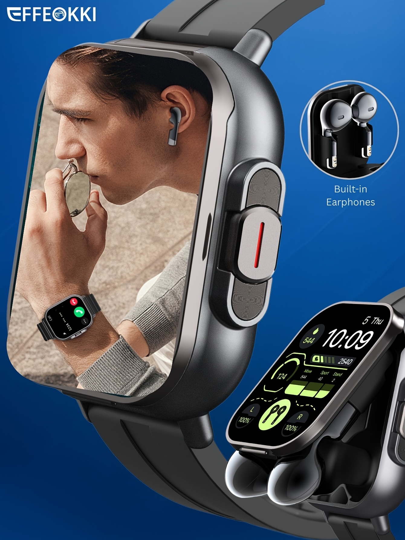 EFFEOKKI 2-in-1 Smart Watch with Earbuds Wireless 2. 01 Inch Display TWS Earphones Headset Make Answer Call Sport Smartwatch for iPhone Android Smartphone