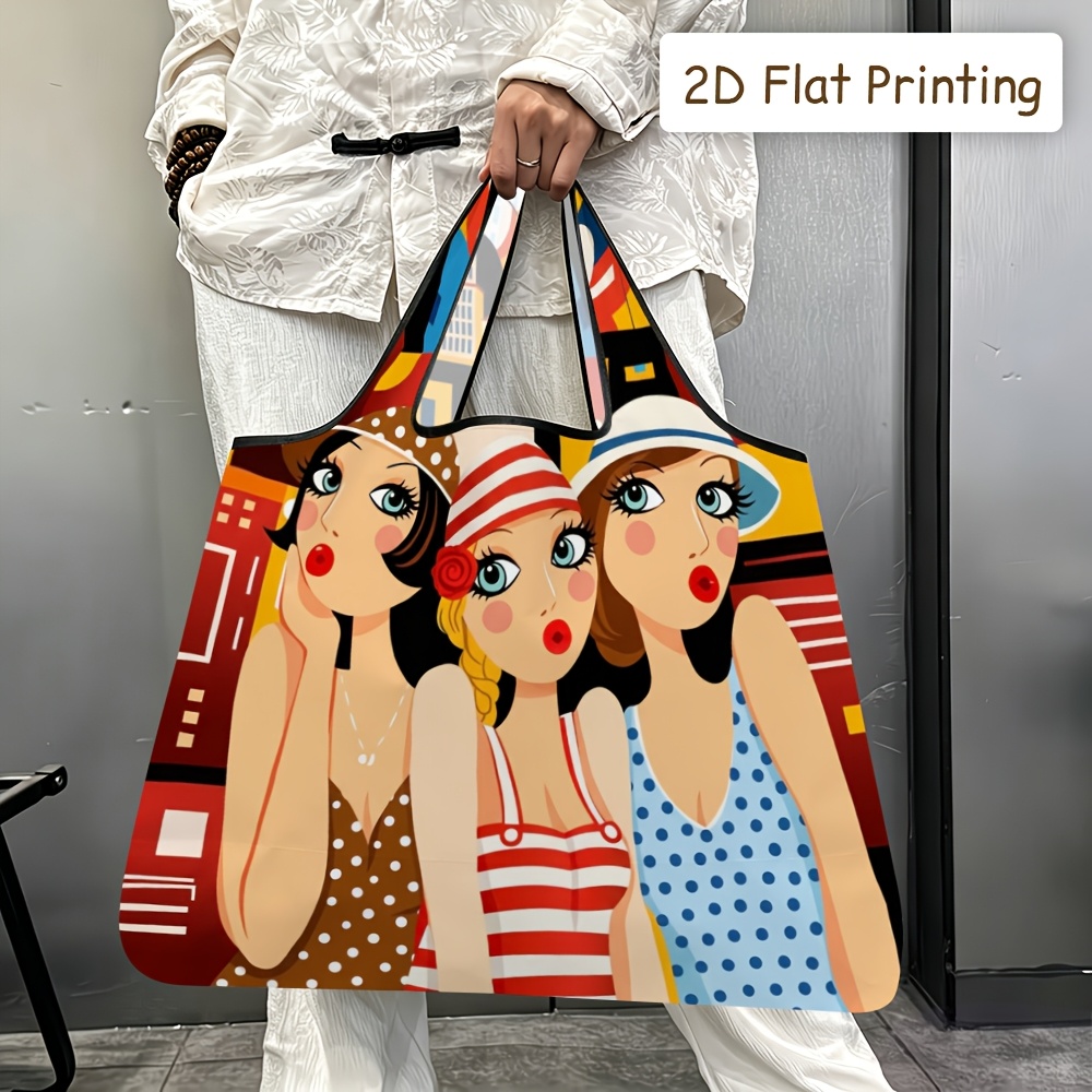 TEMU 2d Flat Printing, 1pc Foldable Tote Bag, 3 Stylish Cartoon Quilted Printed Tote Bag, Soft-shouldered, Hand-held, Reusable, Durable, Lightweight,