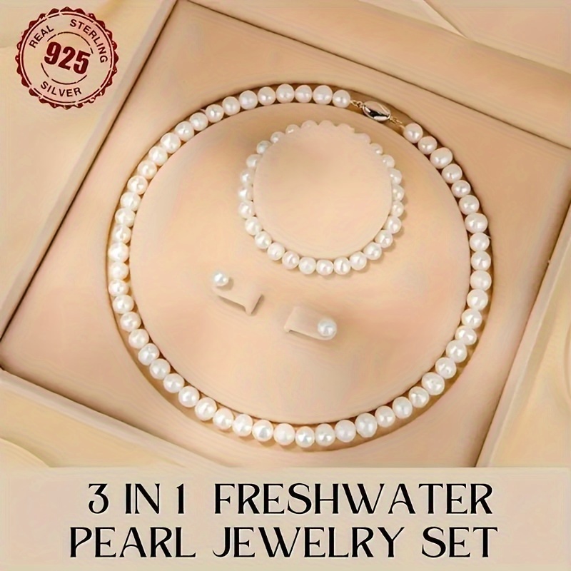 

1 Pc Earrings + Bracelet + Necklace 925 Silver Freshwater Pearl Jewelry Set, Women's High Quality Gift Set Assembly Gift Box, Gift For The Home Lady Mother's Day Valentine's Day Gift Gift Gift Box