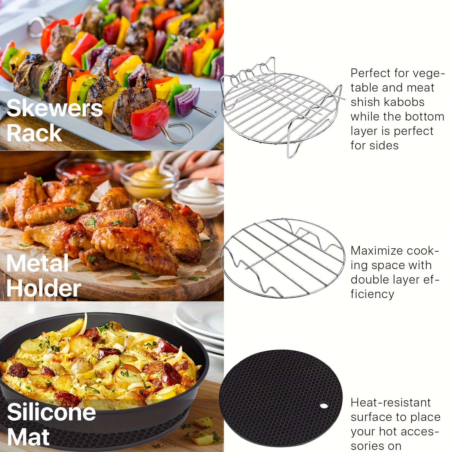 10pcs Air Fryer Accessory Kit (for 3.7-5.8QT Deep Fryers) - Includes 17.78cm Non-Stick Pizza Pan, Cake Barrel, Kebab Rack and 7-Cavity Mold - Dishwasher Safe - Includes Recipe E-Book - Baking and Grilling Tools