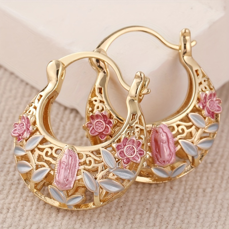 14K Golden Plated Vintage Boho Copper Hoop Earrings with Pink Floral Details - Christmas Gift-Ready, Versatile for All Seasons, Daily Wear Jewelry with No Mosaic Material