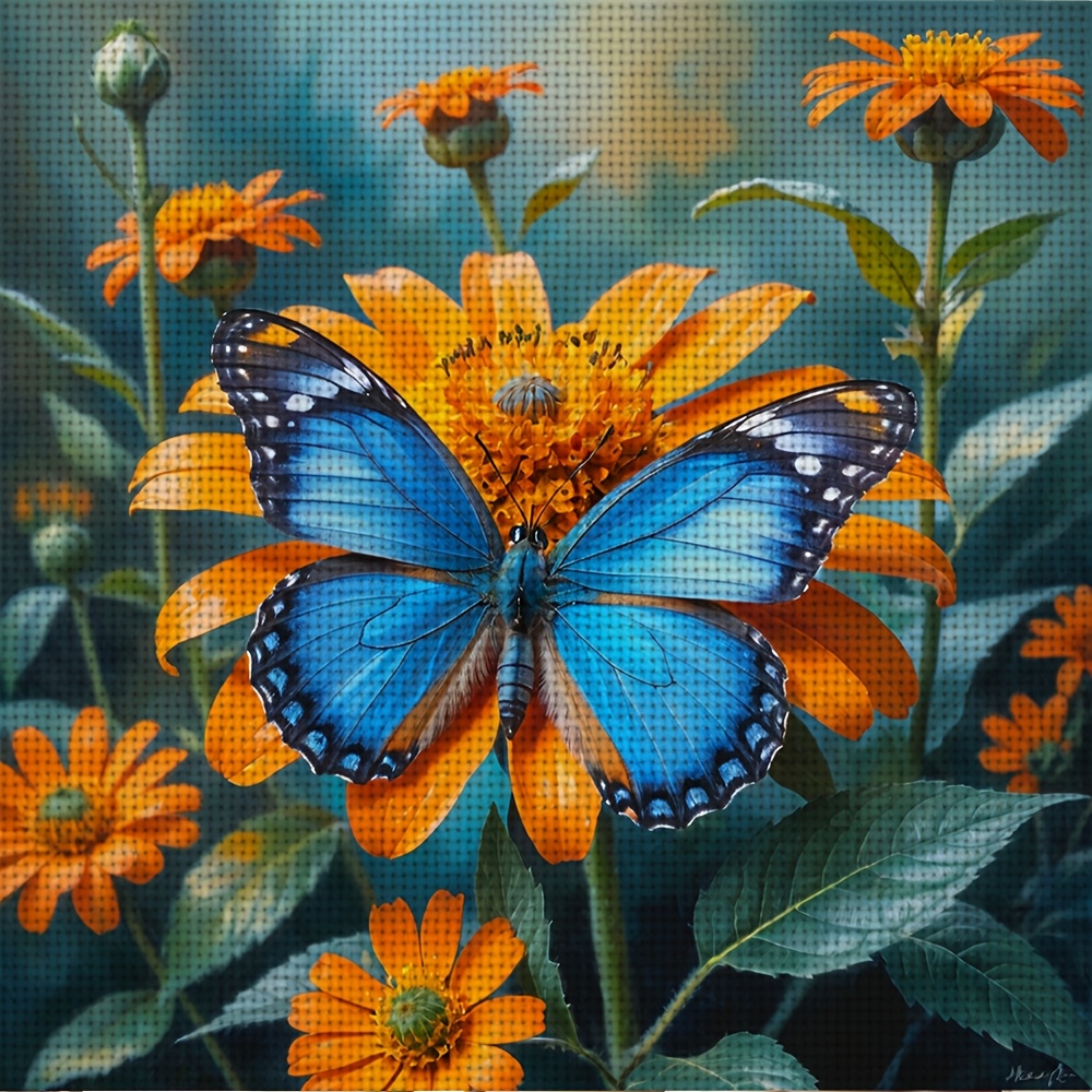 DIY Cross-Stitch Printed Kit, Unframed, Blue Butterfly on Orange Blossom Pattern
