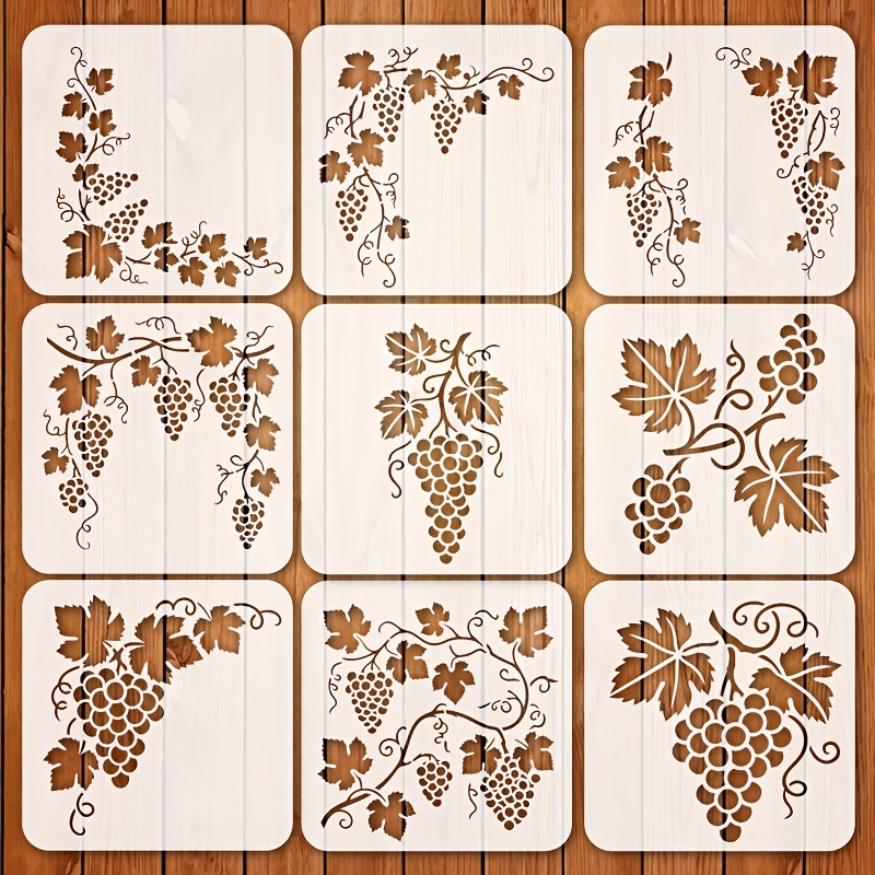 TEMU 9pcs Reusable Grapevine Templates - 6x6 Inch Suitable For Diy Crafts, Wine Cellar Decor, Painting With & Bunch Shapes For Rustic Wall Art, Wine