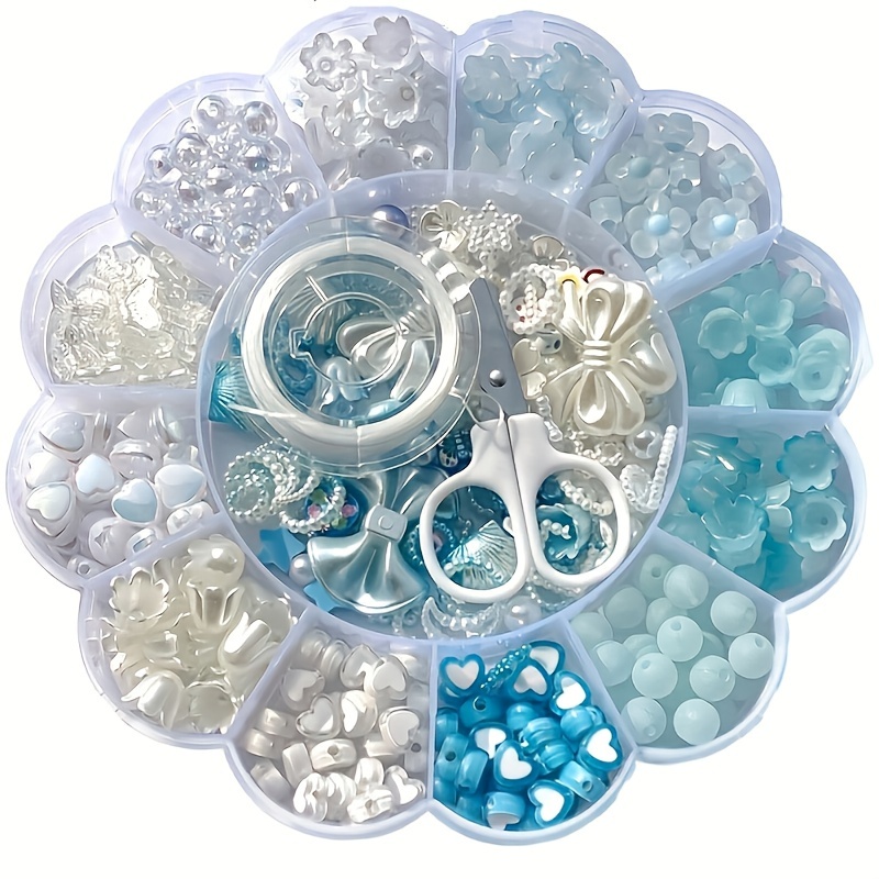 

13 Grid 0.6-2.6cm Blue And White Mixed Acrylic Round Bead Flower Beads For Mobile Phone Chains, Bracelets, Necklaces, Rings, Diy Accessories, And Small Gifts