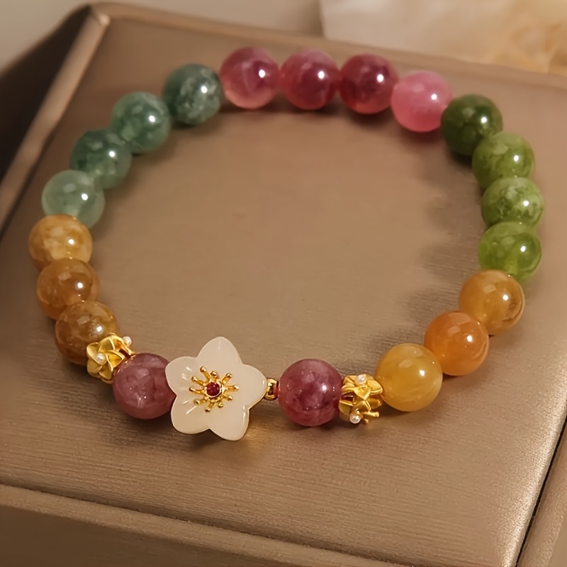 TEMU 1pc Colorful Beaded Bracelet With Lotus Flower Charm Bead Bracelet For Women Men