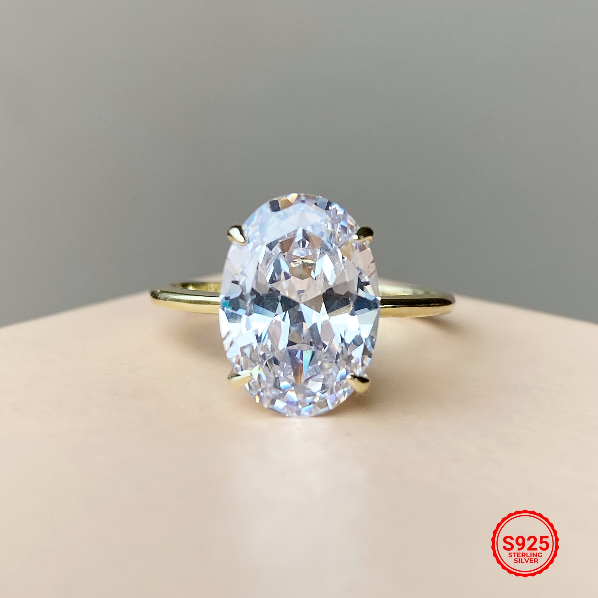 Golden S925 Silver Ring with Oval Claw Setting