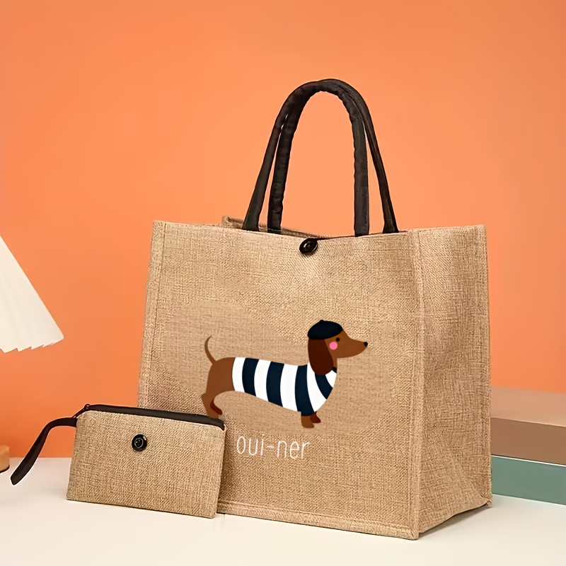 E-shop Set mit 2 lustigen Jute-Tragetaschen mit Hunde-Motiv, niedliche Tragetasche mit Hunde-Print, leichte Einkaufstasche mit Mini-Münzfach, stylische