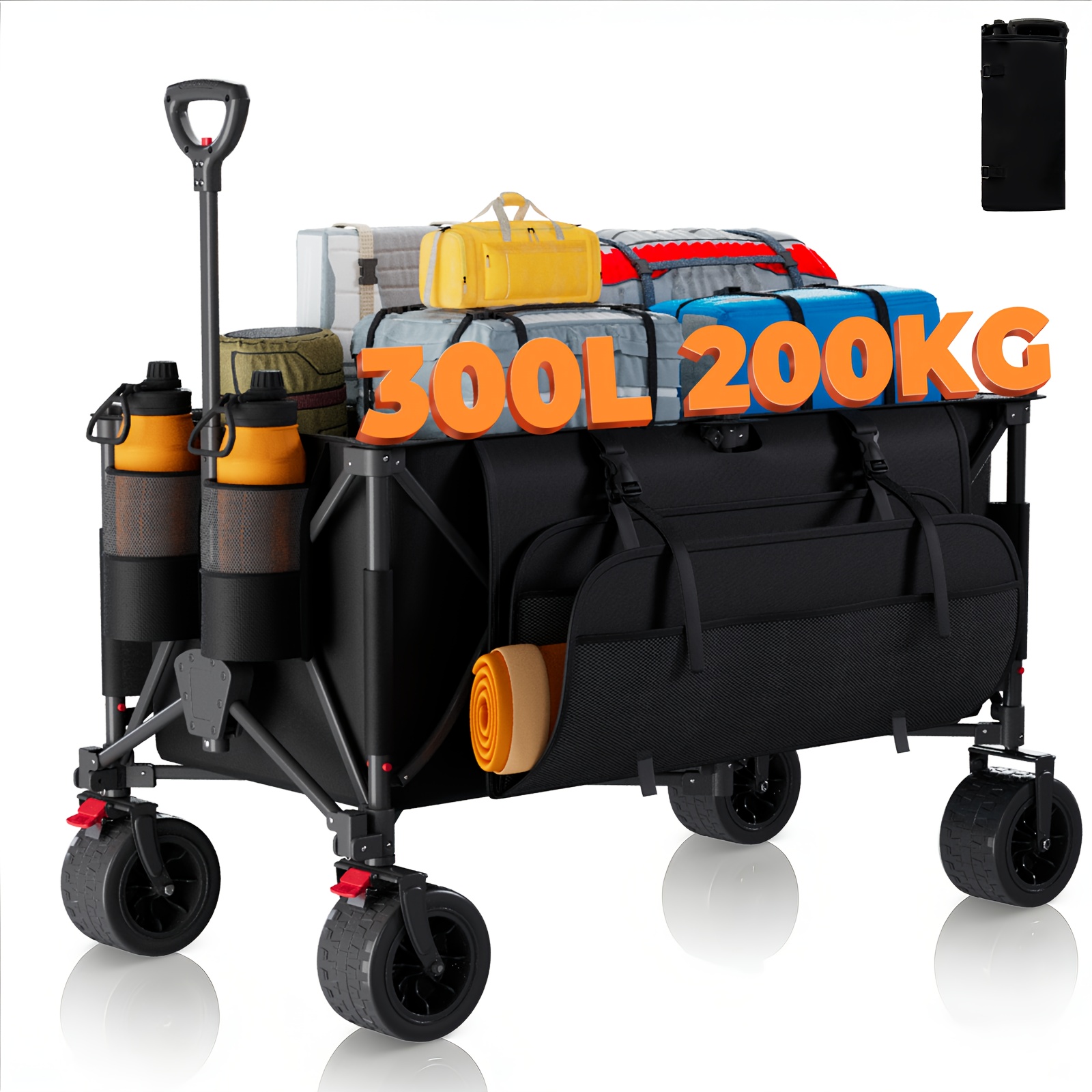TEMU Carro plegable todoterreno de resistencia de 300L, carro profesional con certificación GS, ruedas de PU de 17cm con frenos, lona duradera Jet