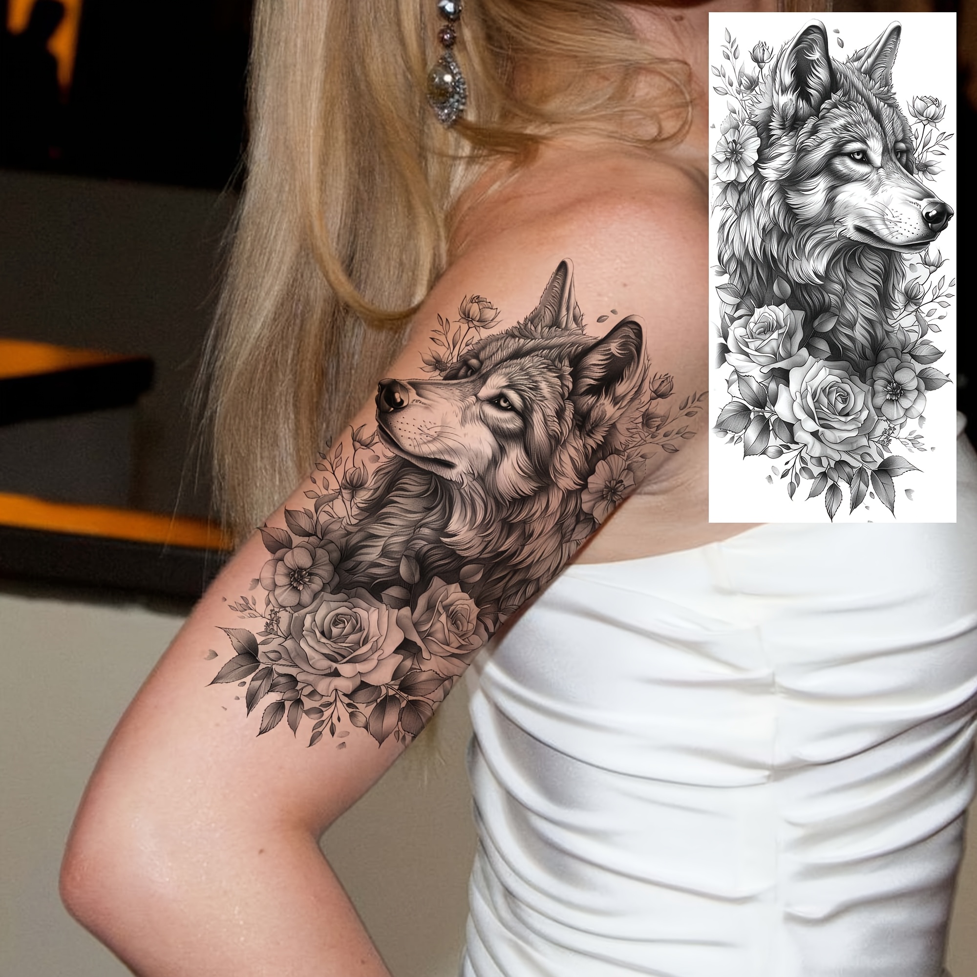 A Temporary Wolf Rose Tattoo For Men And Women, Suitable For Fingers, Ankles, Waist, Legs, Thighs, Forearms, And Calves. This Waterproof And Long-lasting Fake Tattoo Sticker Looks Realistic