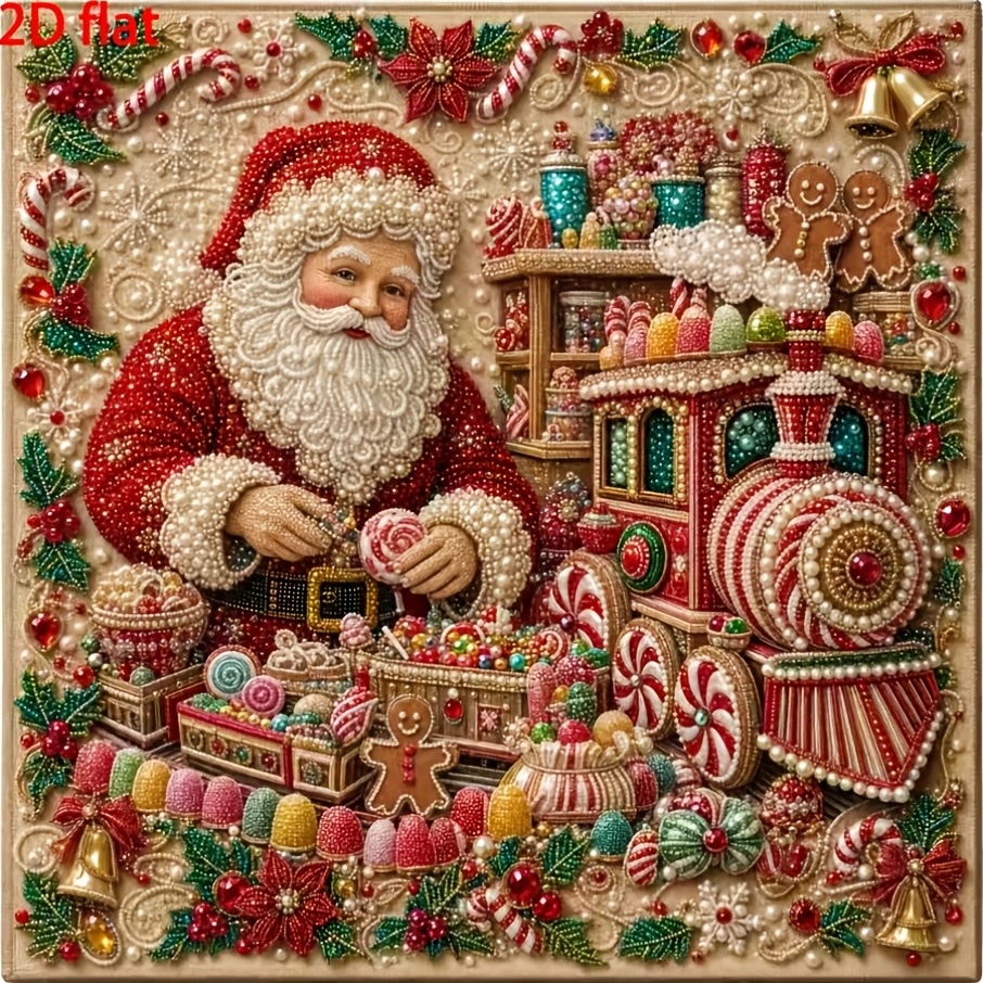 TEMU 2d Pearl Bead Painting Kit, Santa Claus And Candy Train Drill Wall Art, Gingerbread Man Holiday Candy Scene Decoration, Handmade Gift, Suitable
