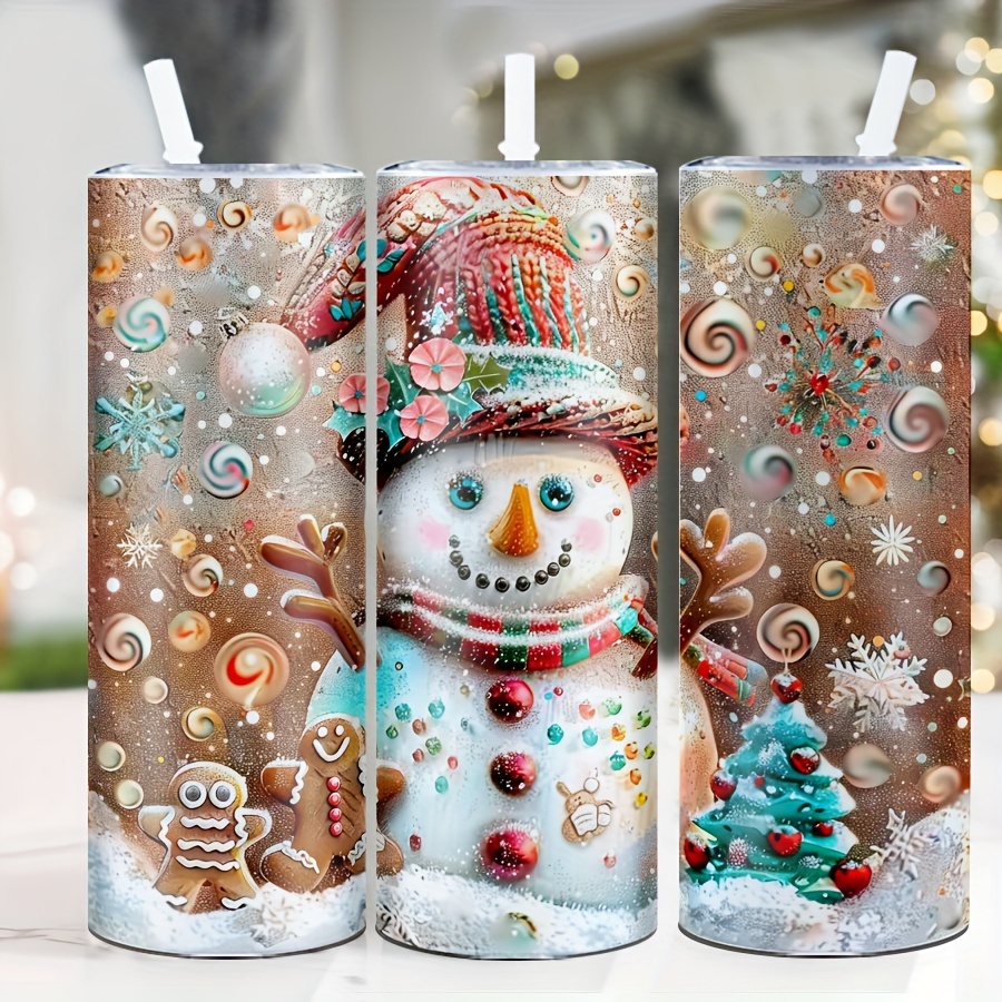 

20oz Stainless Steel Insulated With Lid & Straw - 3d Snowman & Gingerbread For Man Design, Christmas & Thanksgiving Travel, Camping, And Home Decor