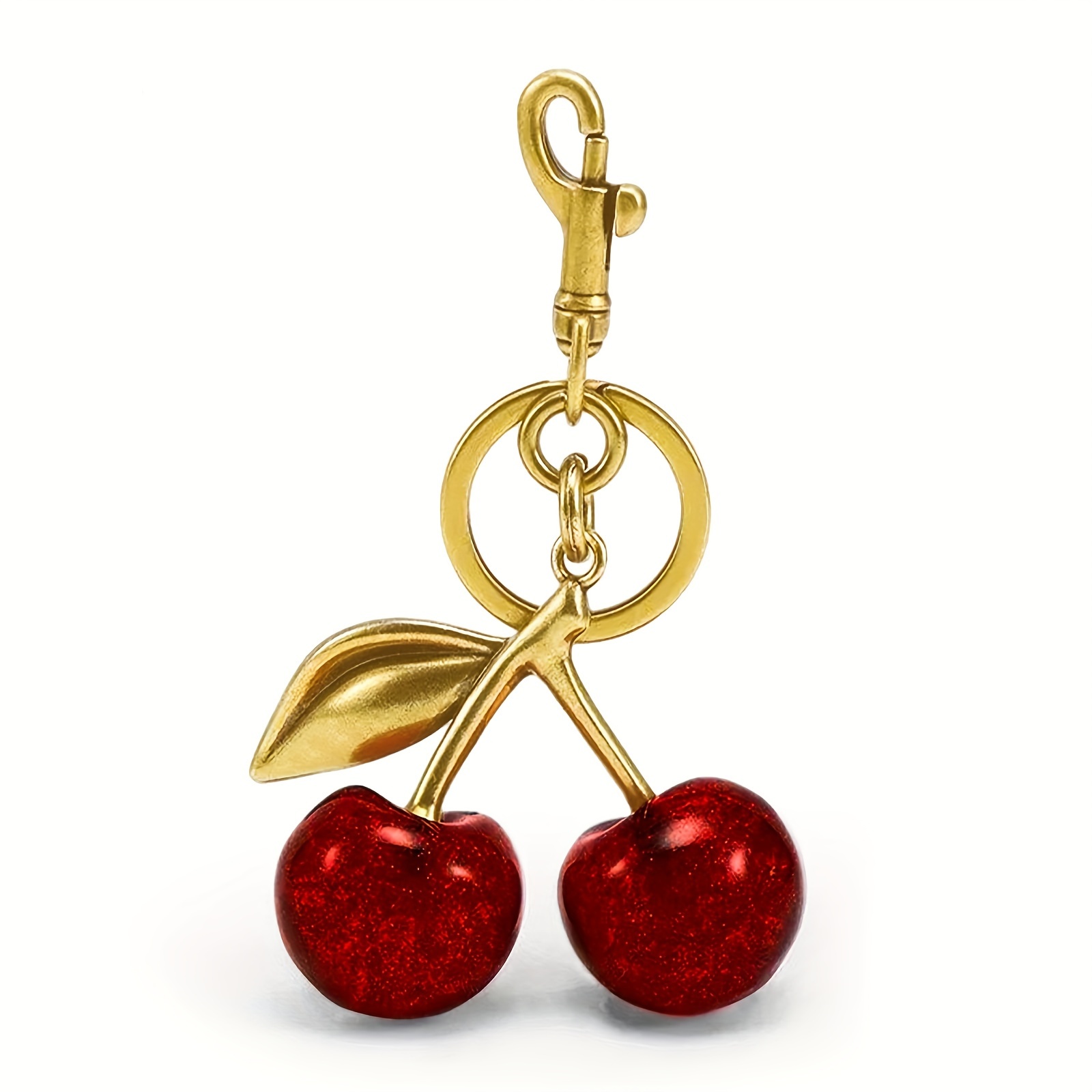 

Glitter Cherry Charm Keychain With Clip For Bag, Sparkling Resin & Metal Accessory For Purses And Bags For Women