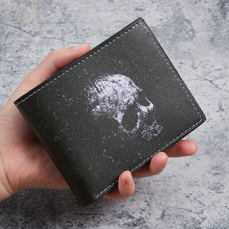 Cartera de Hombre con Estampado de Calavera Vintage - Bifold Compacta con Múltiples Ranuras para Tarjetas, Gran Capacidad, Cuero Sintético, Negro