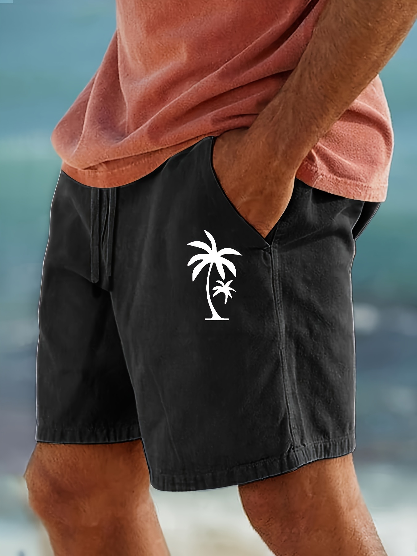 Men'S Cotton Shorts with Drawstring, Casual Palm Tree Print, All-Season, Non-Stretch Woven Fabric, Button Detail, Regular Fit, 110Gsm - Summer Beachwear, Plus Size