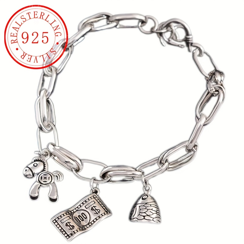 

1pc S925 Sterling Silvery Plated Bracelet With Money Flower, & Usd Pendants, Birthstone, Ideal Women's Holiday Gift