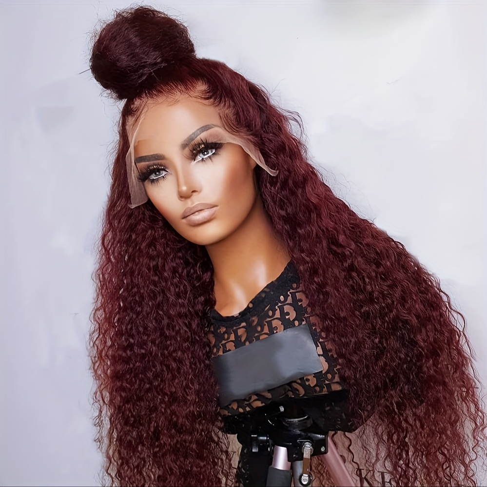 TEMU Dark Burgundy Water Wave Lace Wig Glueless Lace Front Wigs For Women 99j Natural Curly Wet And Wavy Synthetic Wig Heat Resistant Hair