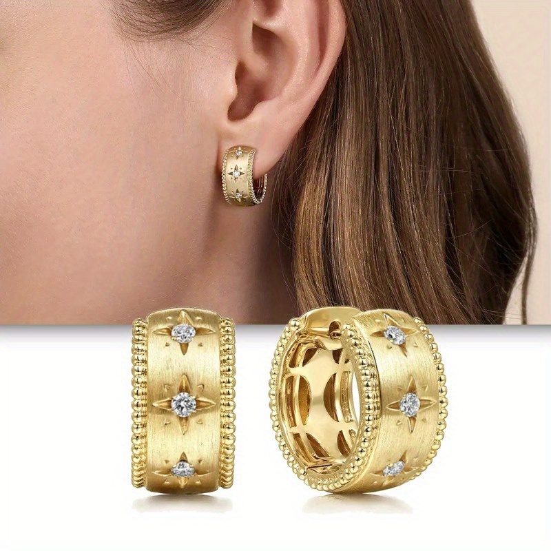 Image of Simple Luxury Golden Earrings Inlay Shiny Synthetic Zirconia Star Earrings For Women Men Daily Party Fashion Hoop Earrings Jewelry Romantic Gift